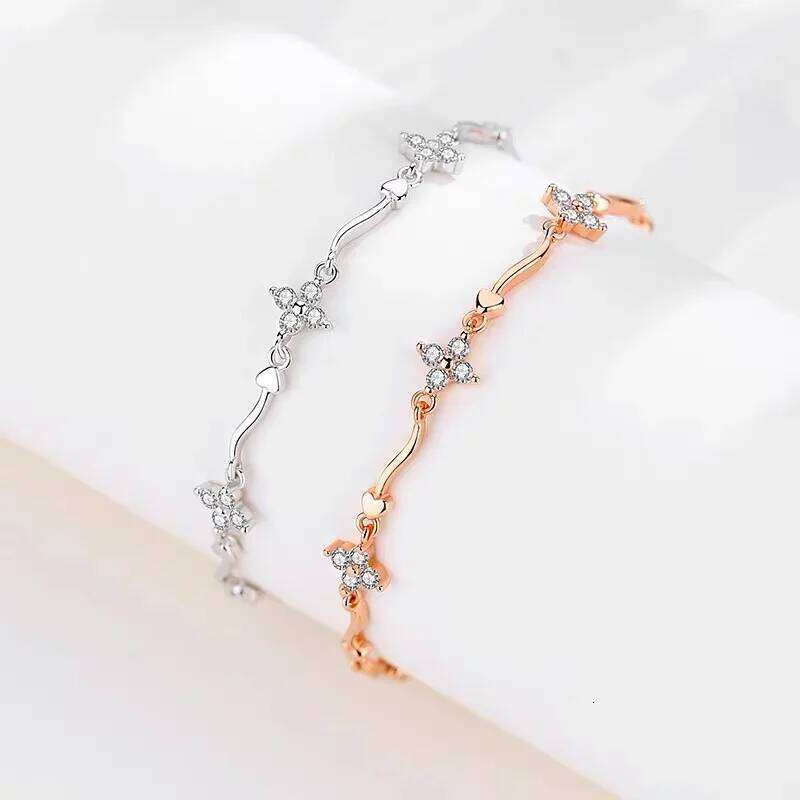 ANENJERY Sparkling Zircon Four Leaf Flower Chain Bracelet Light Luxury Design for Women Niche Simple Desgin Party Jewelry Gifts Z260313