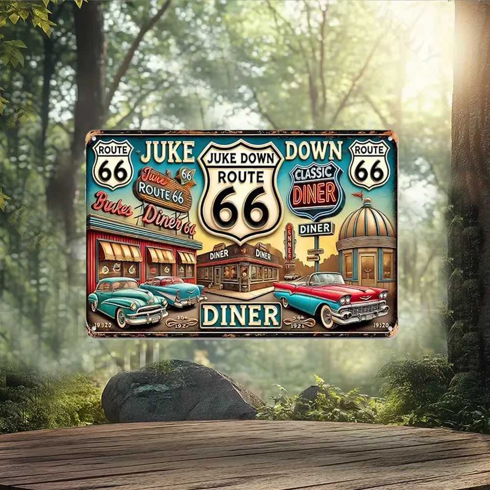 Retro Tin Sign ArtVintage Route 66 Metal Sign - Classic Diner Retro Cars Theme Aluminum Wall Decor D260314