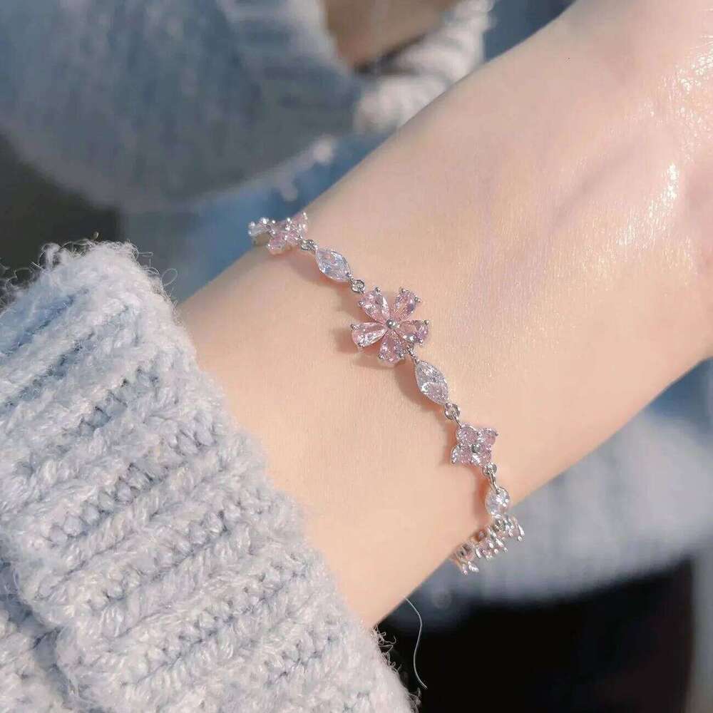 Trendy Y2K Fairy Pink Crystal Zircon Sakura Flowers Bracelet for Women Sweet Girls Cherry Blossom Moon Bow Knot Jewelry Gifts Z260313