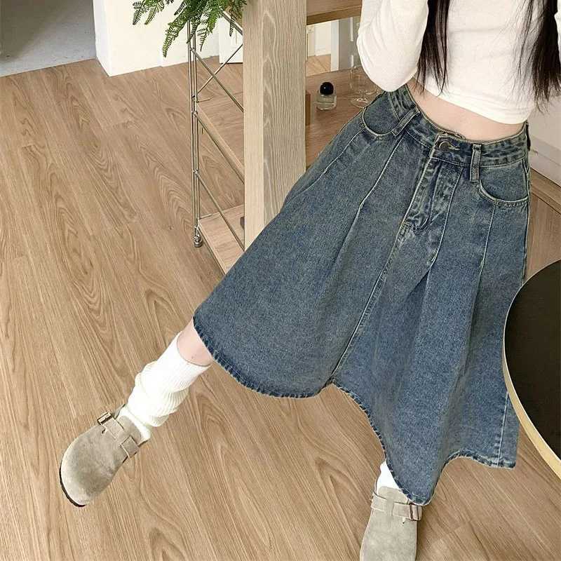 Summer Lady Chic Fashion High Waist Jeans Skirts Women Thin Mid-Long Denim Skirts s Retro Fashion Casual Denim Dress M260314