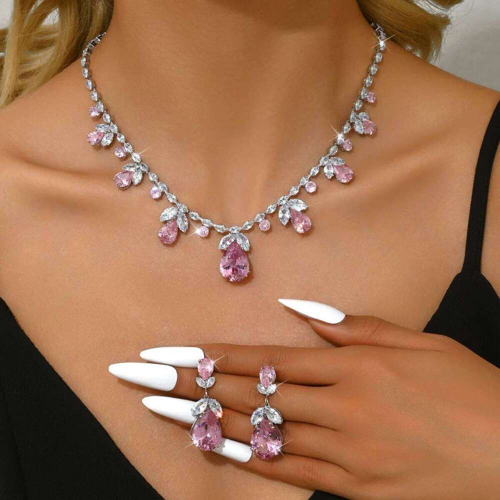 3PC Women's Fashion Zircon Series Pink Water Drop Necklace Earrings Jewelry Set Suitable for Wedding, Party, Festival Gifts-8583 Z260313
