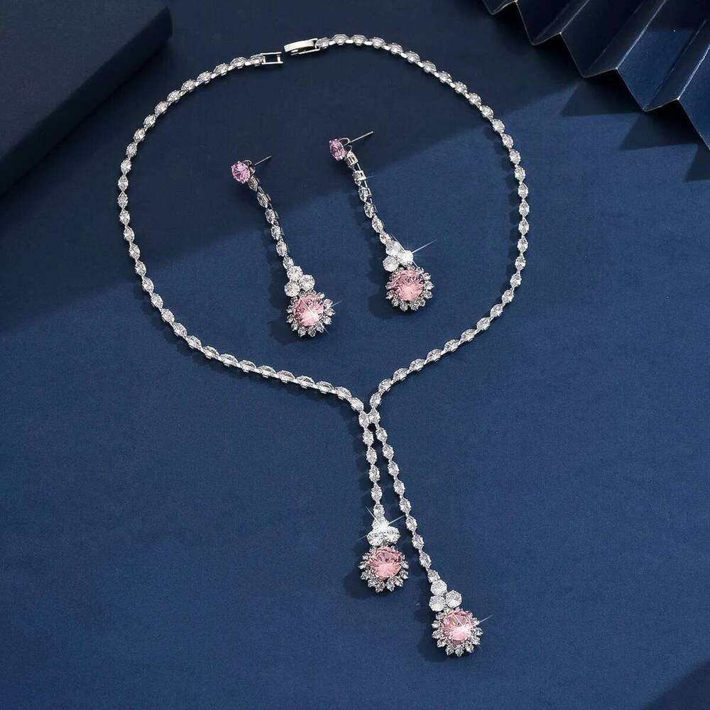 3PC Women's Fashion Zircon Series Pink Flower Necklace Earrings Jewelry Set Suitable for Wedding, Party, Festival Gifts-8582 Z260313