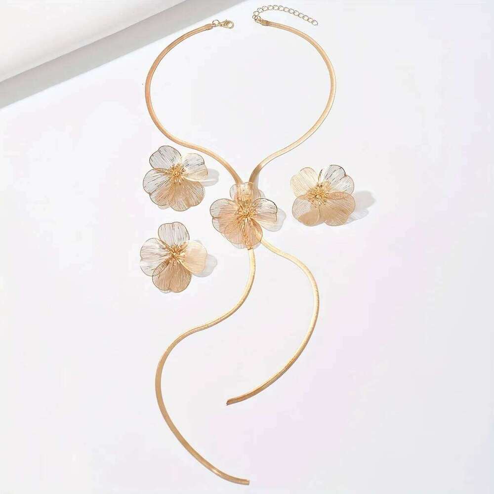 Elegant Women's Flower Jewelry Set Retro Botanical Style Textured Petal Design 3-Piece Accessory with Necklace Earrings And Ring Z260313