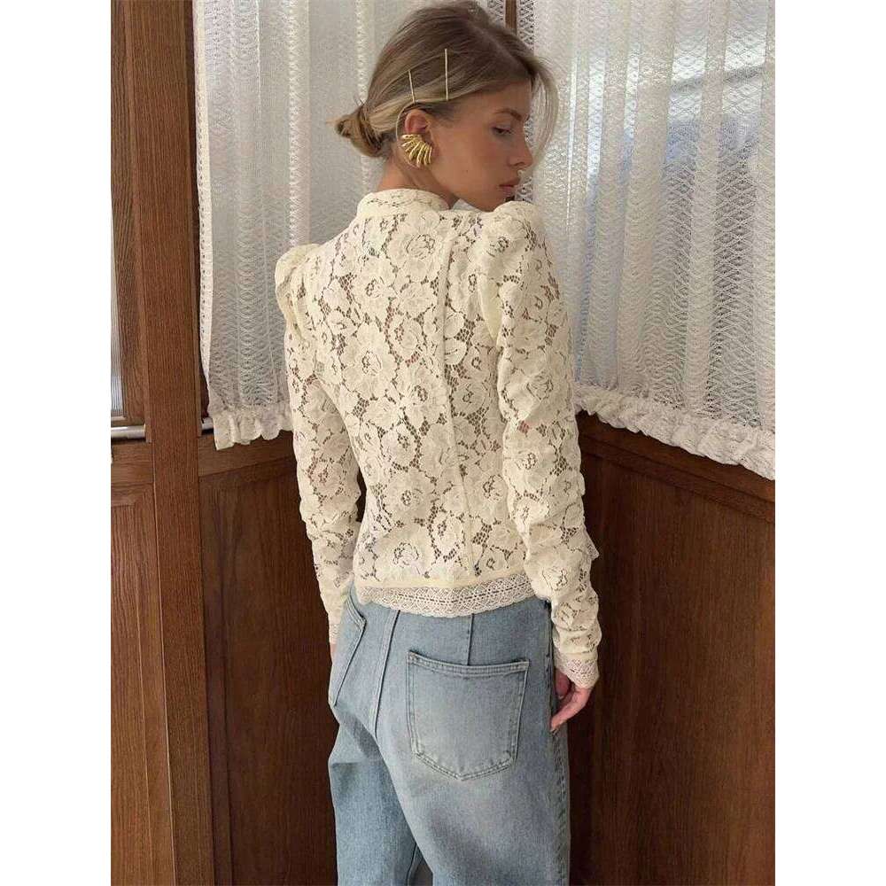 Women White Lace Print Full Sleeve Hollow Out Single Breasted Patchwork Fashion Elegant Casual Shrug Blouse Tops MAKOUFEI