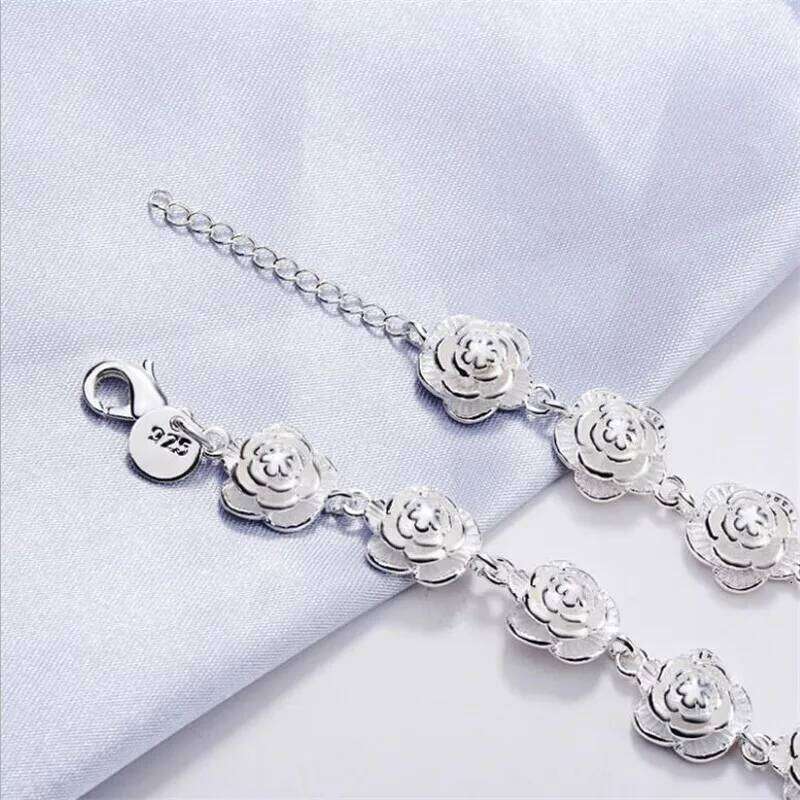 Charm 925 Sterling Silver Rose Flower Chain Bracelet For Women Fashion Pretty Party wedding accessories gift fine luxury Jewelry Z260313