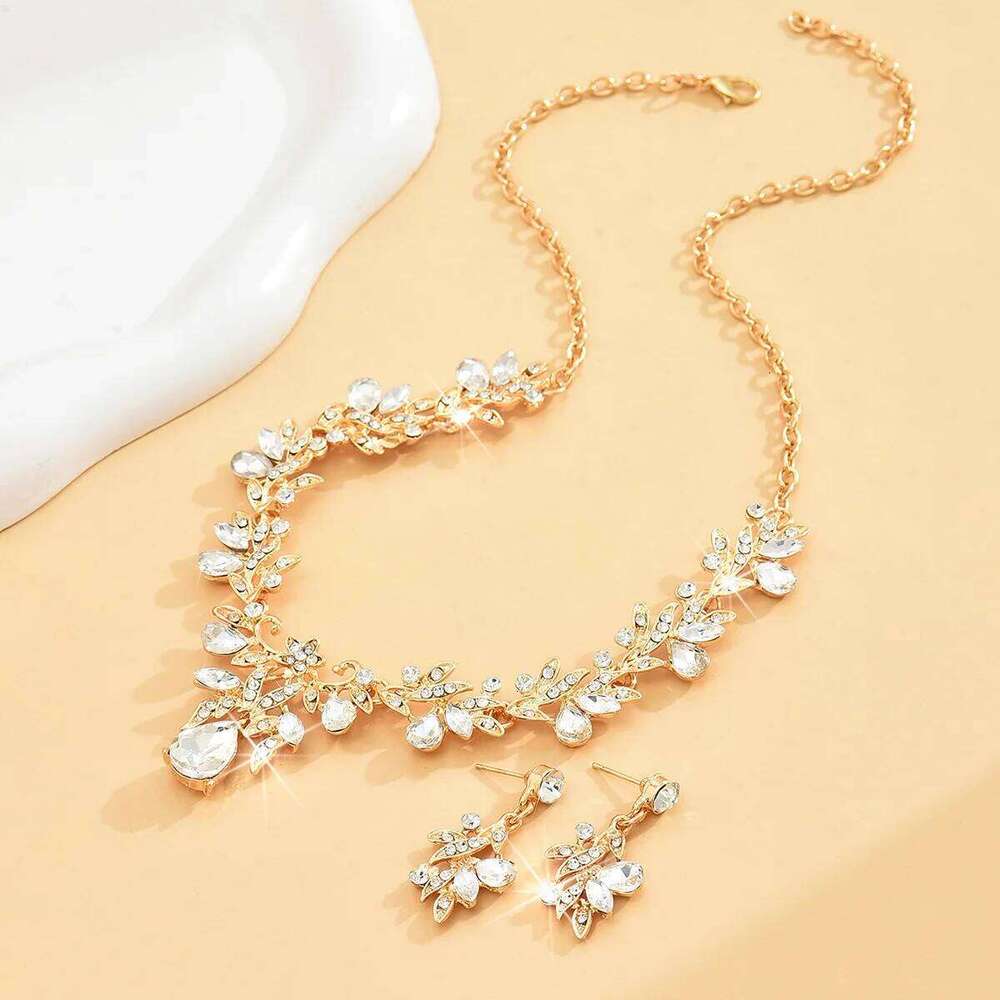 Vintage Gold Crystal Jewelry Set Necklace Earrings Sparkling Statement Accessories for Wedding Prom Party Z260313