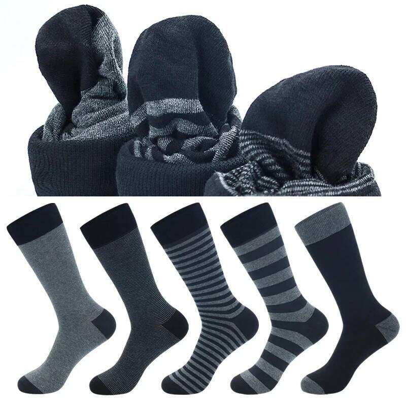 5 Pairs Large Fashion Business High Quality Stripe Black Gray Pure Men Cotton Sports Socks Size EU41-48 Z260314