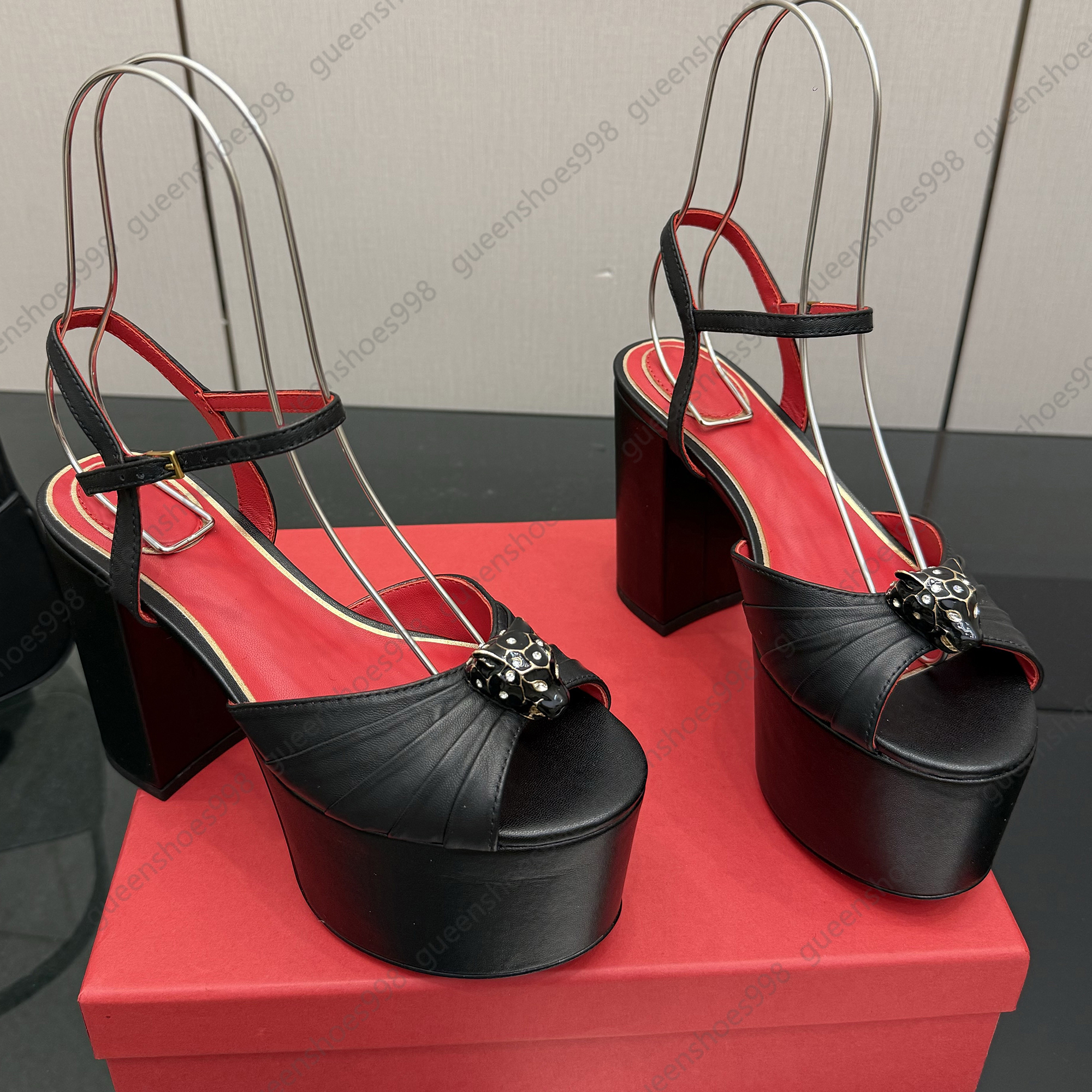 Elegant platform heel sandals women leather luxury designer shoes crystal animal metal buckle decoration fashion ankle strap high heels party wedding shoes