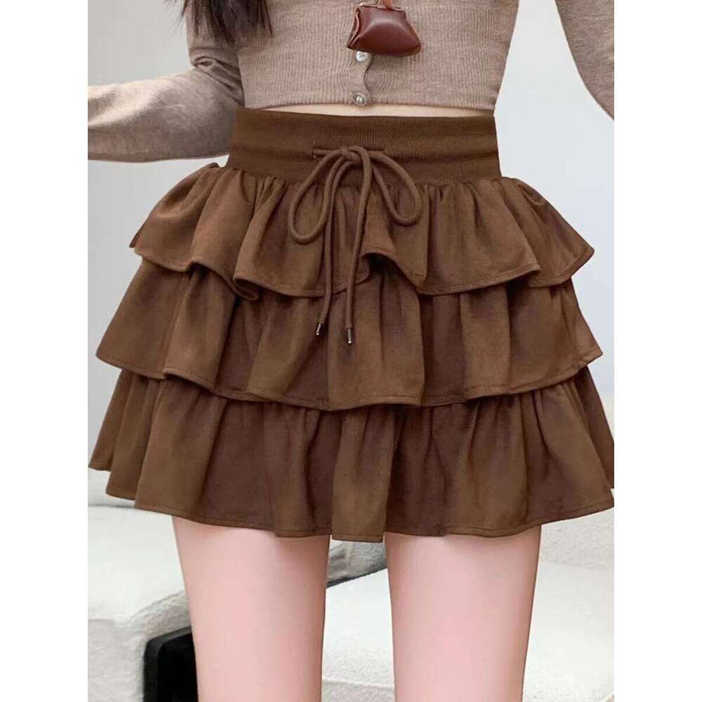 Brown Suede Layered Mini Women 2025 High Waisted A-Line Short Skirt, Coquette Skirt for Fall Winter Z260314