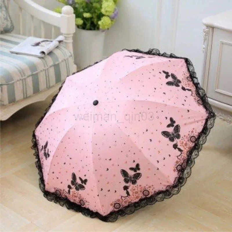 Butterfly Lace Printed Sunshade Umbrella For Both Rain Triple Fold Wind Resistant and Sun ResisTant Black Rubber Umbrella H260314