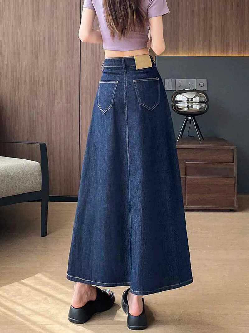 Deep Blue Denim Half Skirt Summer Womens High Waist A-line Midskirts Korean Versatile Slim Fit Skirts Oversized S-3XL M260314