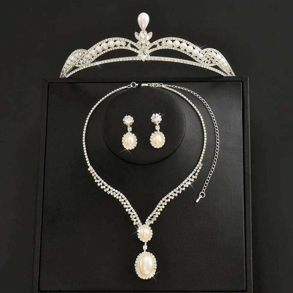 Ladies' fashion imitation pearl palace style crown necklace earrings jewelry set, wedding, party, holiday gifts Z260313