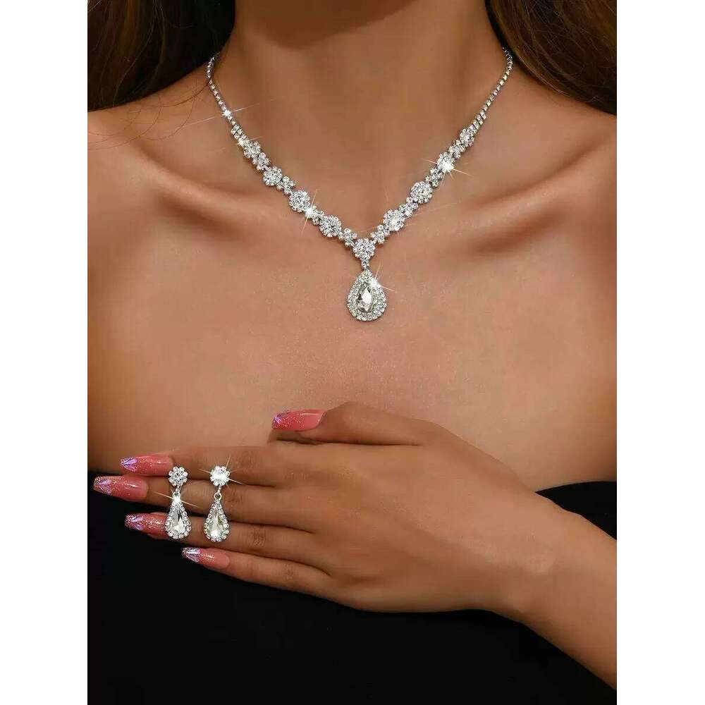 Autumn & Winter 3-Piece Women's Crystal Droplet Necklace and Earring Set - Elegant Evening Dress Accessories for Weddings Z260313