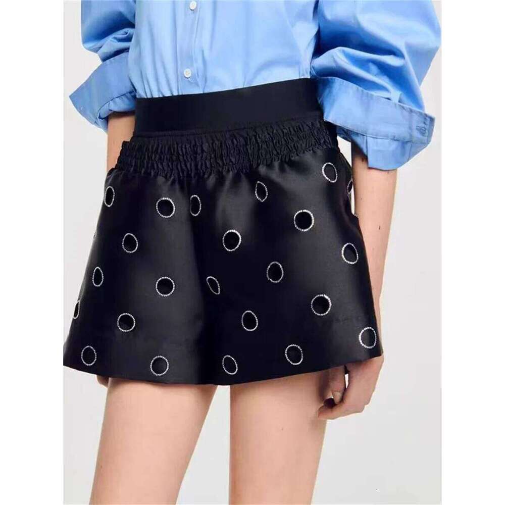 Water Diamond Ring Hollow Out Women Single Breasted Short Shirt +Elastic Waist Casual Shorts Early Autumn 2025 Black Set Mdng260314