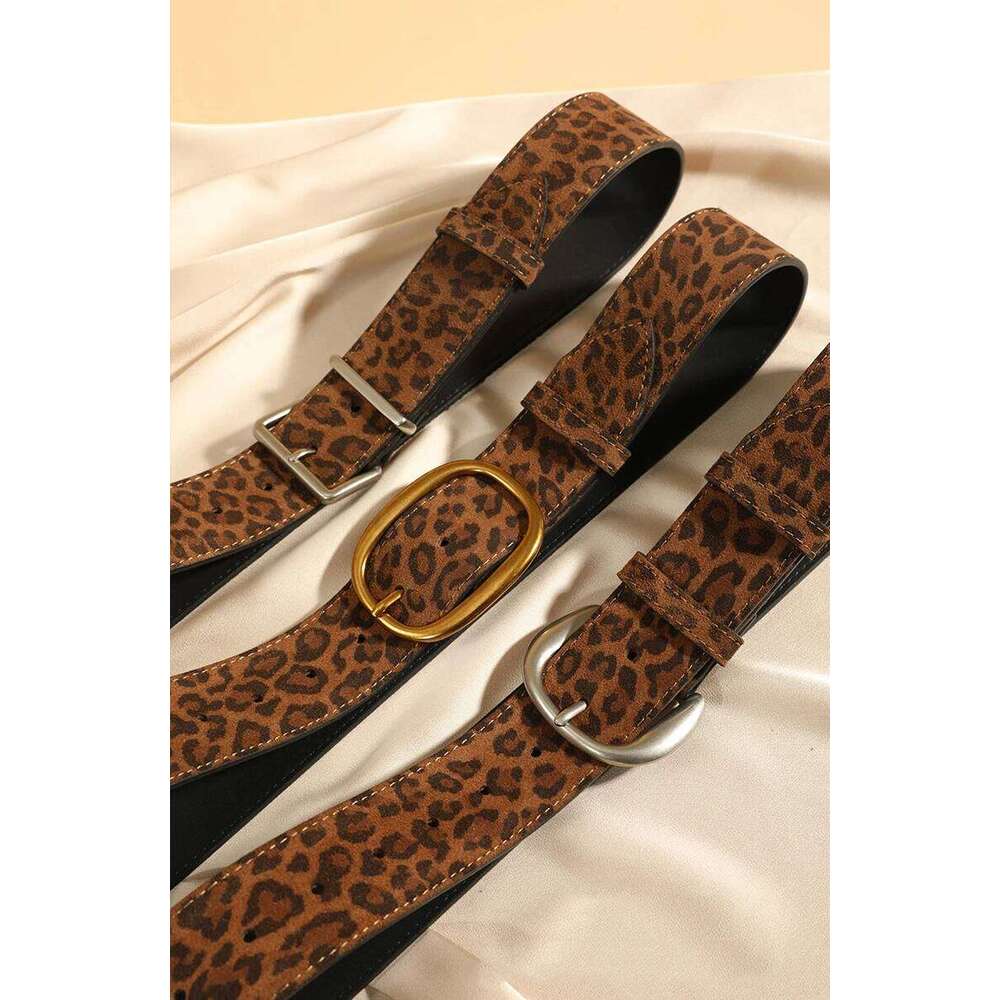 Luxury Suede Leather Belt Women, Fashion Style with Metal Buckle, Leopard Pattern Wide Belts for Dresses Jeans&Coats Z260226