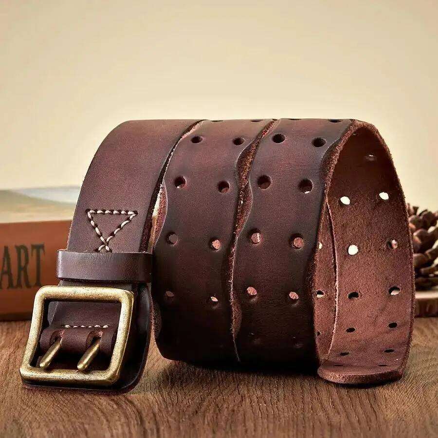 Thick Original Vintage Men Wide Male Cowhide Real Genuine Leather Double Prong Buckle Strap Cowboy Jeans Belt Z260226