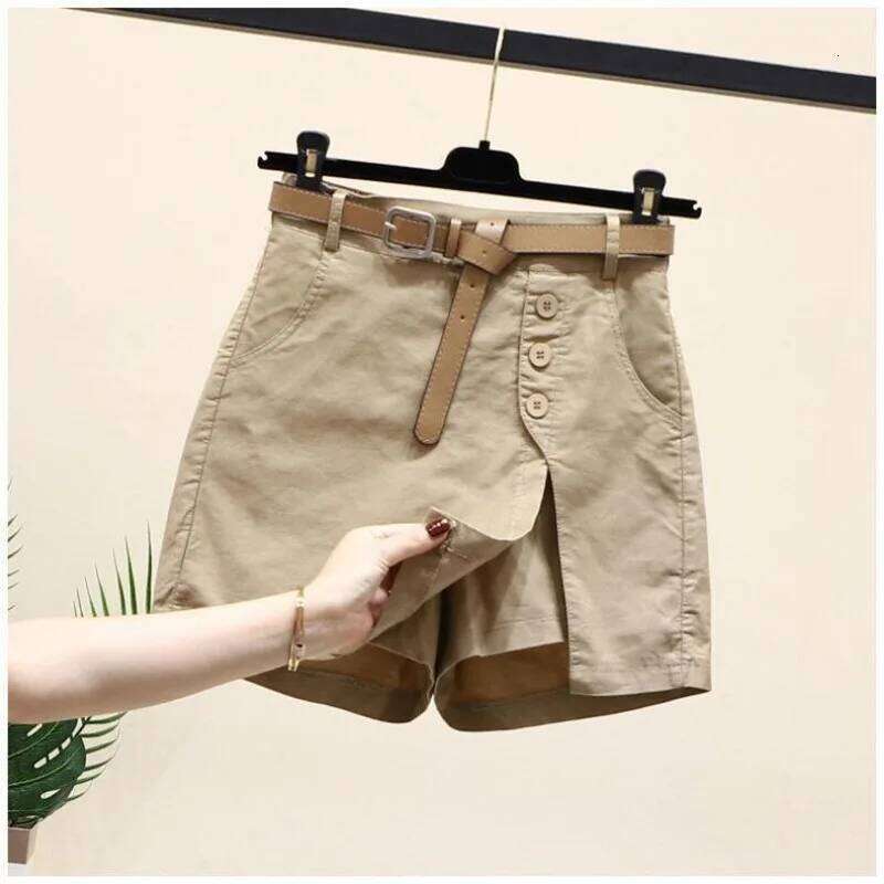 Belted Pure Cotton Shorts for Women Summer New Korean Version Versatile Fashion Button High Waist A-line Culottes Z260314