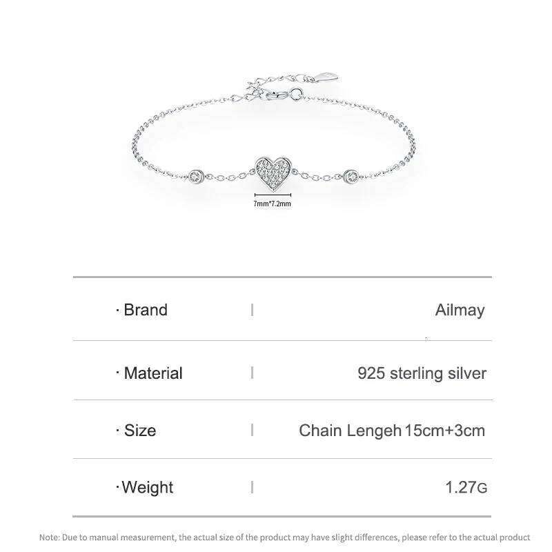 Ailmay 925 Sterling Silver Sweet Romantic Heart Clear Zircon Link Chain Bracelet For Women Wedding Engagement Jewelry Gifts Z260313