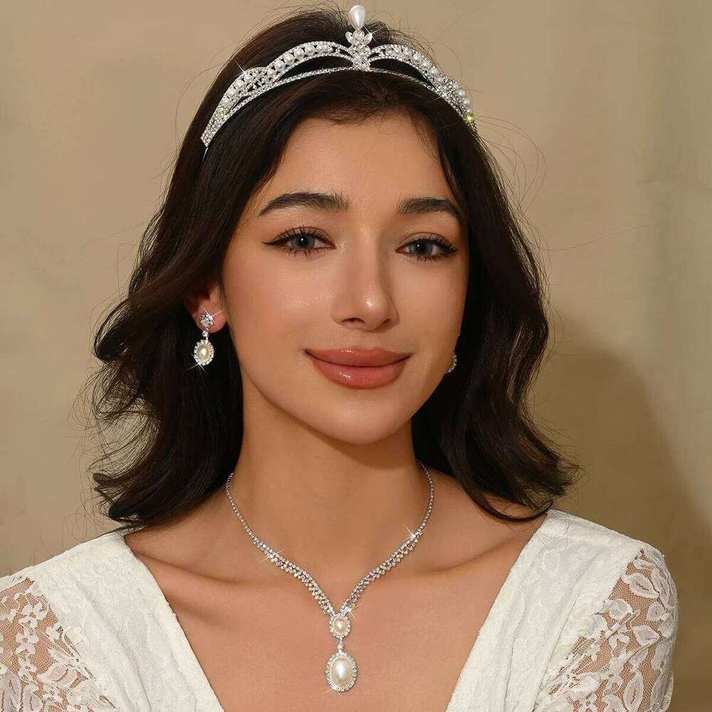 Ladies' fashion imitation pearl palace style crown necklace earrings jewelry set, wedding, party, holiday gifts Z260313