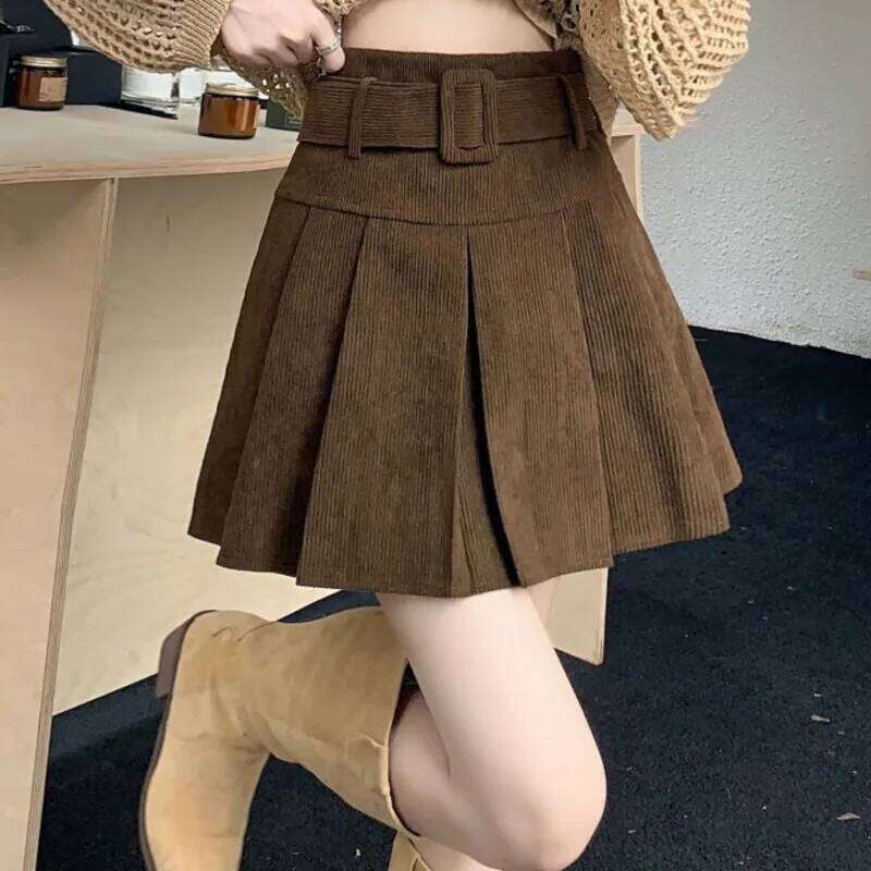 Women Corduroy Korean Vintage Fashion New Pleated Belt Female Spring High Waist All Match Ladies Mini Skirt Z260314