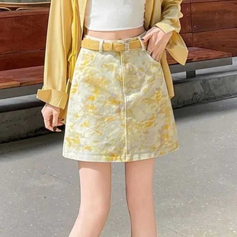 Summer Lady Chic Fashion High Waist A-line Denim Skirt Women Yellow Floral Thin Mini Dress s Korean Elegant Denim Skirt M260314