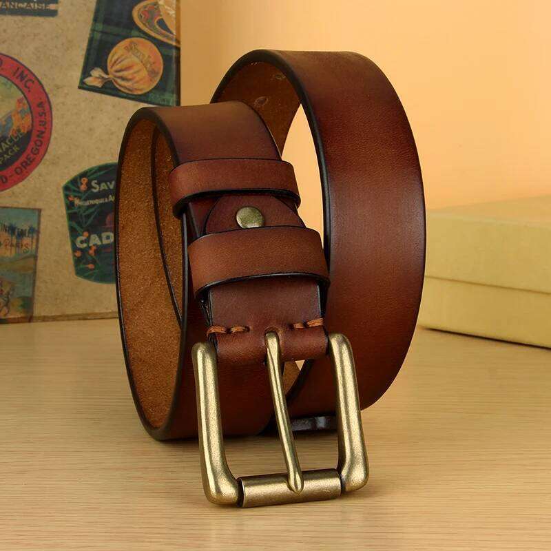 5mm Thicken Full Grain Leather Heavy Duty Work Mens High Hardness Solid Brass Pin Buckle Brown Belt Z260226