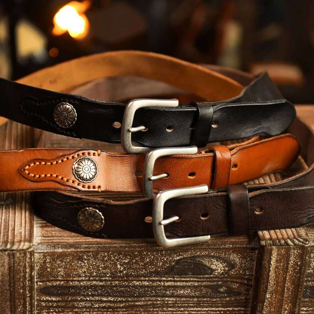 New Product Genuine Men's Pleated USA Western Retro Denim Style Leather Personality Cowboy Pin Buckle Belt Z260226
