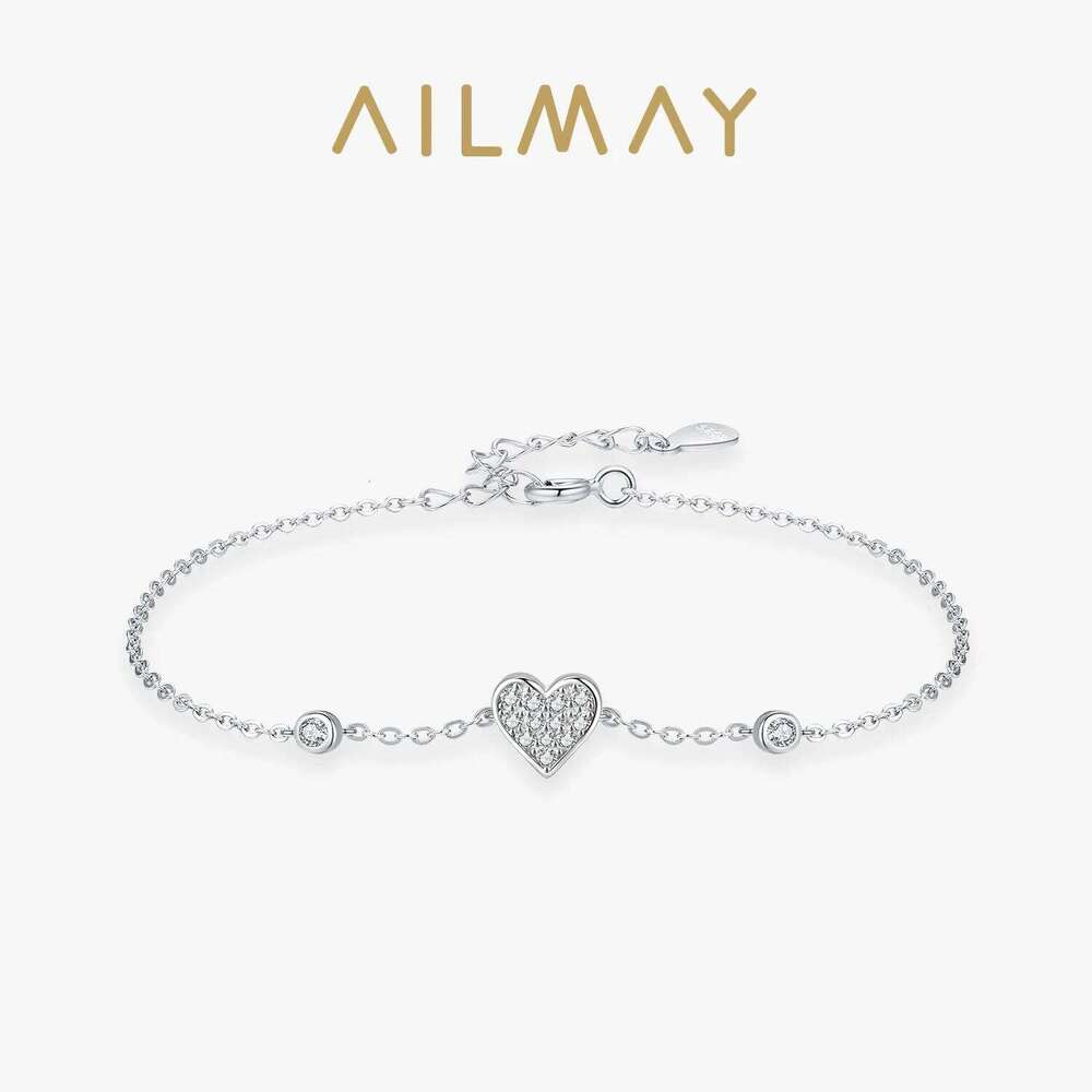 Ailmay 925 Sterling Silver Sweet Romantic Heart Clear Zircon Link Chain Bracelet For Women Wedding Engagement Jewelry Gifts Z260313