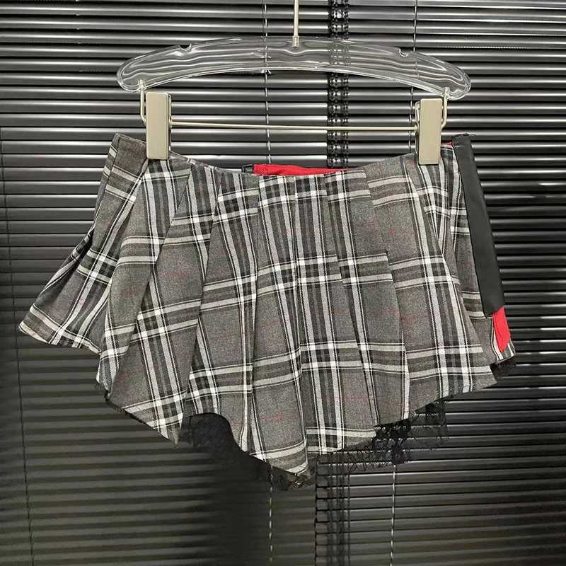 2025 Trending Women Plaid Leather Patchwork Design Mini Skirts Streetwear Female Modern Punk Irregular Y2k Pleated Short Skirt M260314