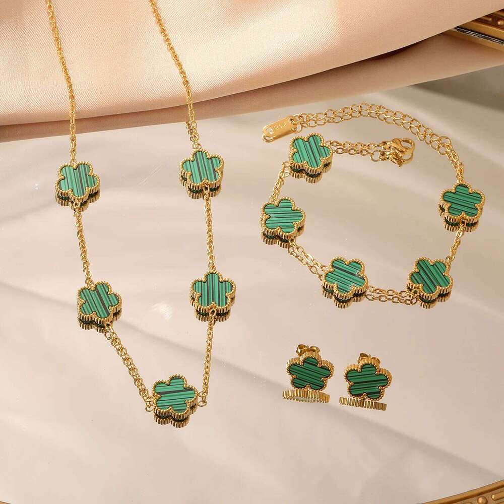 LUXUKISSKIDS Fashion Flower Necklace Earrings Set Women Stainless Steel White Shell Clover Bracelet Jewelry Accessories Z260313