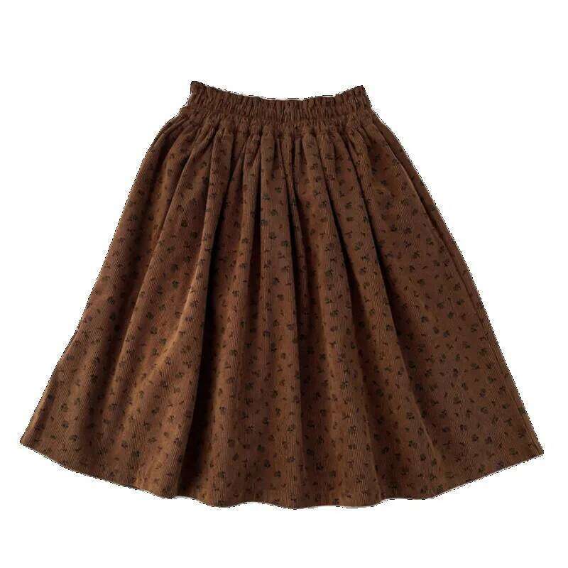 2025 Autumn New Girls' Vintage Floral Peplum Skirt French Bohemian Style Deep Caramel Z260314
