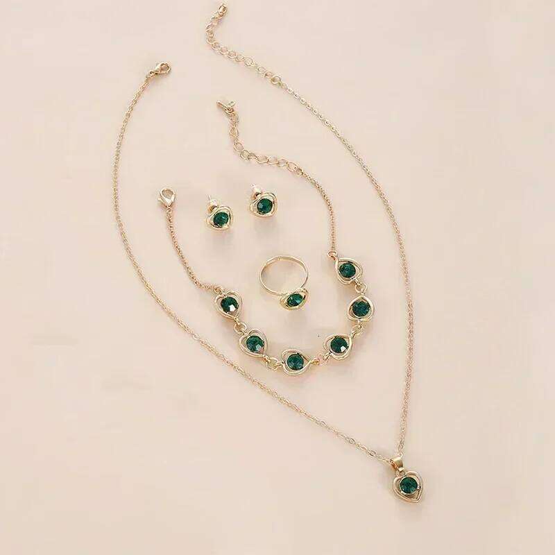 5 PCS/Set Fashionable Elegant Gold Rhinestone Heart Shaped Decorative Jewelry Earrings Necklaces Bracelets Ring Combinations Z260313