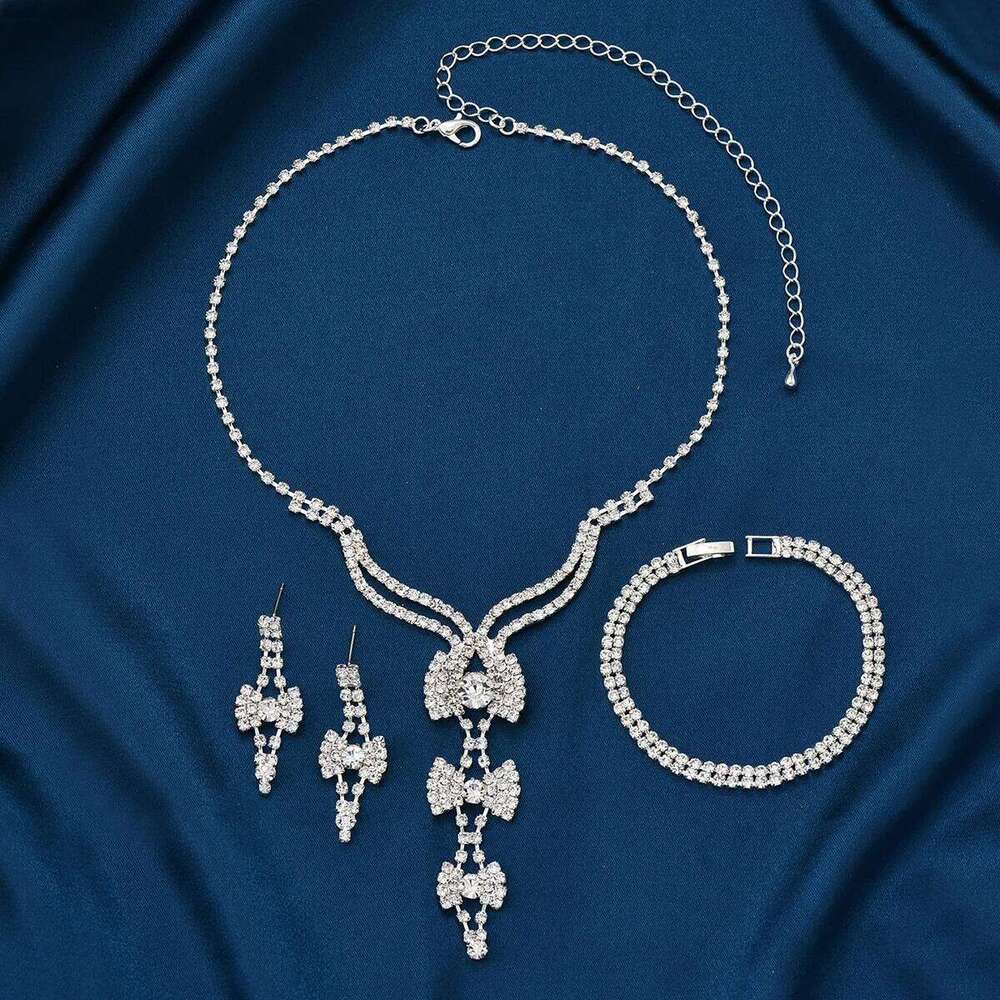 4PC women's fashionable rhinestone bow design necklace earrings bracelet jewelry set suitable for weddings, parties, festivals, Z260313