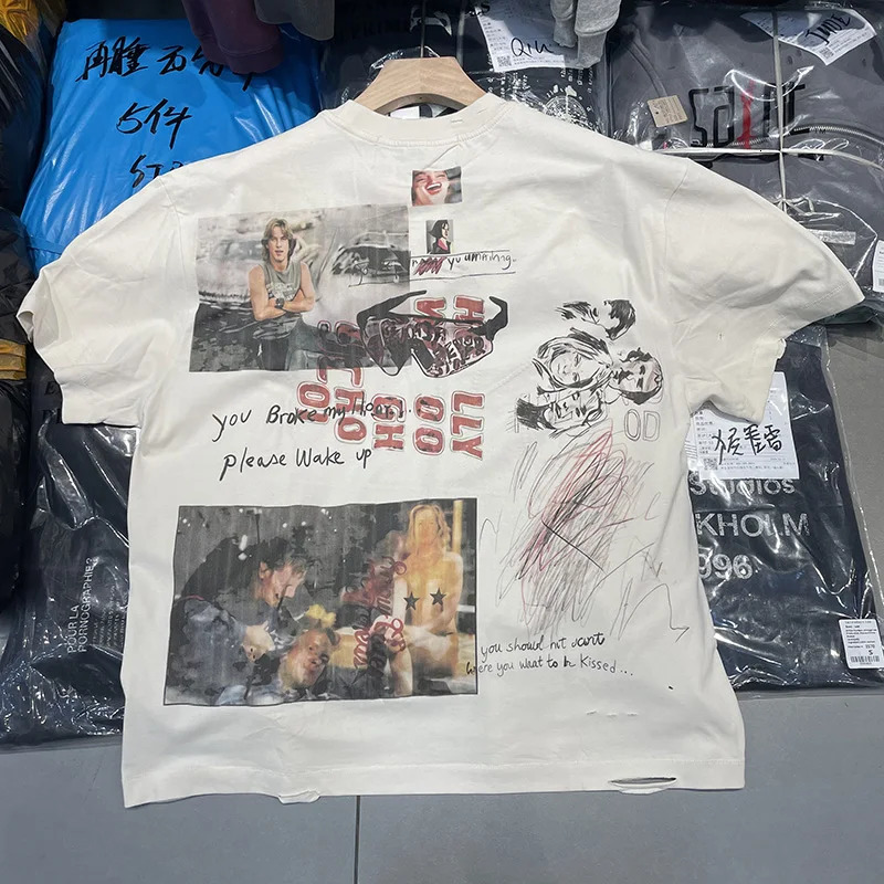Summer High Street Flash Diamond Damaged Hole T-Shirt Tee Men Women 100 Cotton Letters Character Graffiti Paly T Shirt Tags 260310