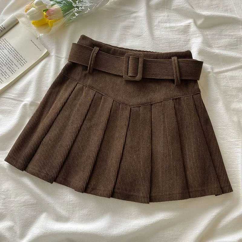 Cord Belted Pleated Skirt Texture Corduroy Box Pleat Mini Skirt wiTH Belt Women Teen Academy School Autumn Winter Outfit M260314