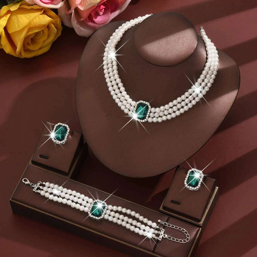 Women's fashion light luxury multi-layer imitation pearl geometric inlaid rhinestone jewelry set, high-end first accessory Z260313