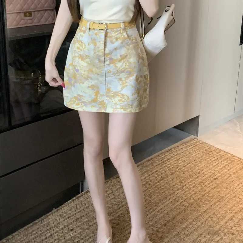 High Waist Tie Dye Denim Skirt with Belt Floral Print Vintage Aosphere Womens Faion Summer New Arrival A-Line Skirt M260314