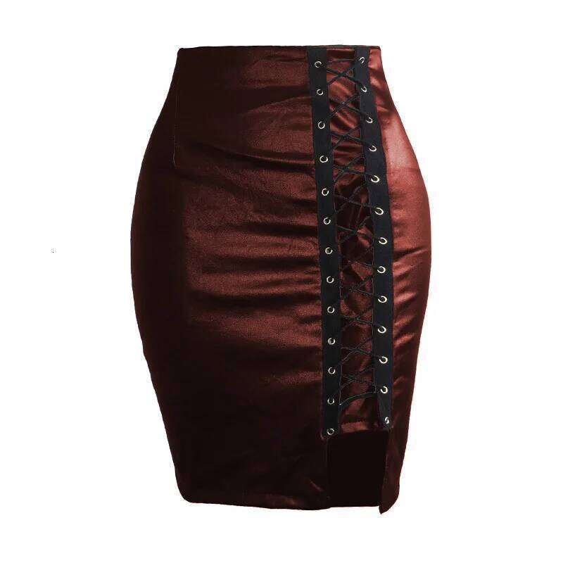 Spring Summer Women Side Split Pencil Black Lace Up PU Leather Skirts Vintage Bodycon High Waist Mini Skirt Z260314