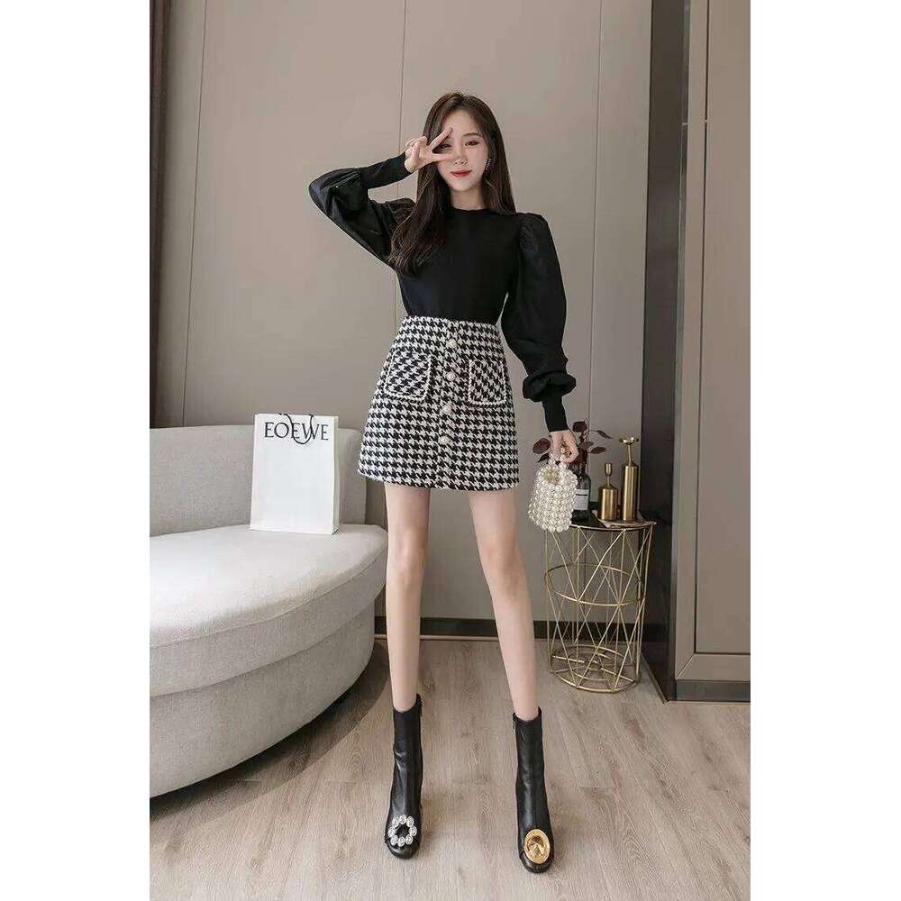 2025 New Wool Houndstooth Short for Women in Autumn Winter High-waisted Slim and Versatile A-line Hip-pack Skirt Z260314