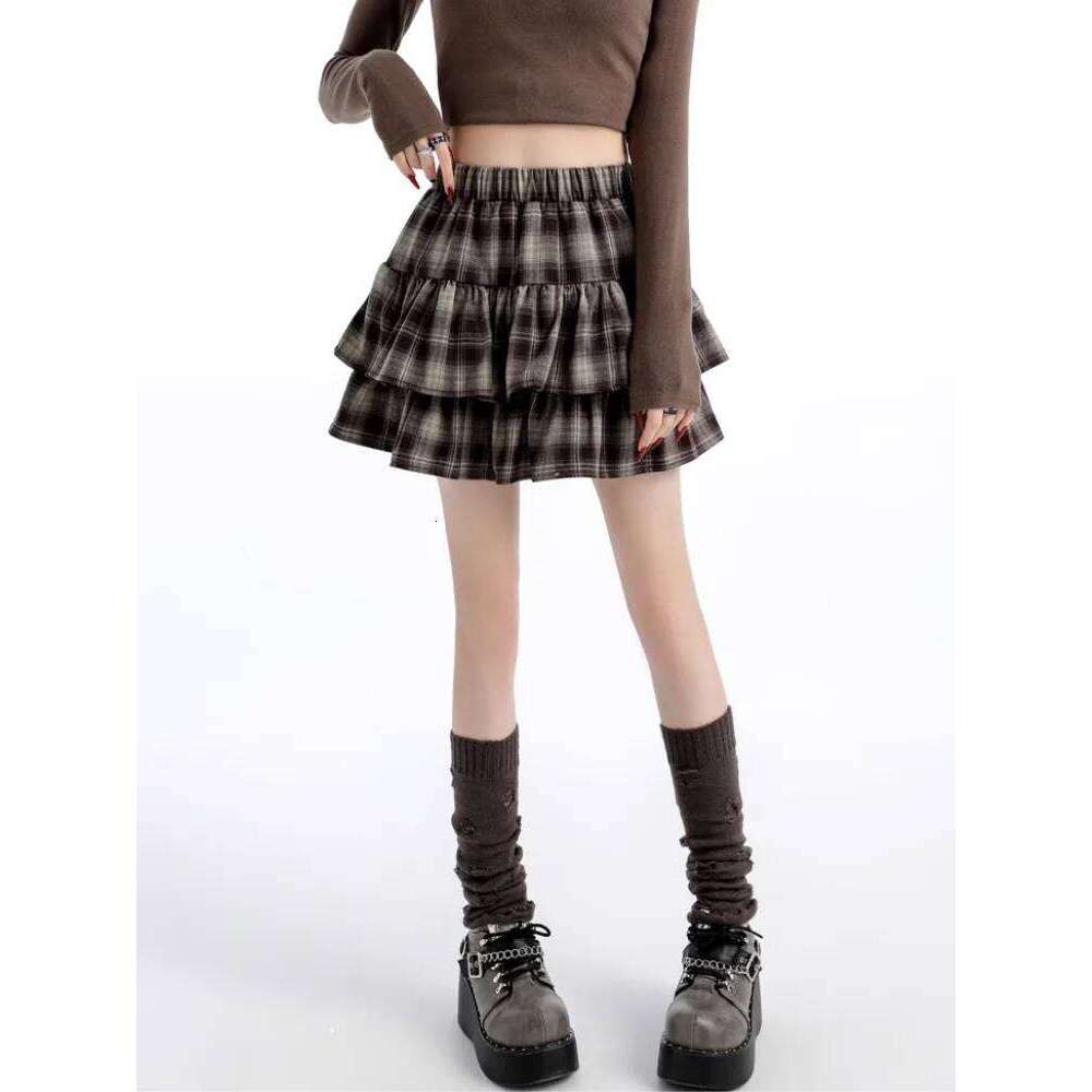 Plaid Mini Skirts Women Autumn Winter Color-block Tierred Ruffles Elastic Waisted A-line Cake Skirt Streetwear Korean Style Z260314