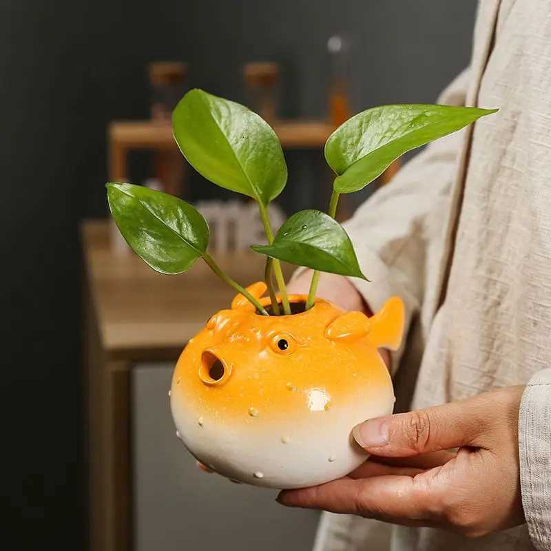 Fish Ceramic Succulent Planter Globefish Pottery Bonsai Pot Cactus Plant Flowerpot Air Plant Holder Display for Home Office Desk Y260314