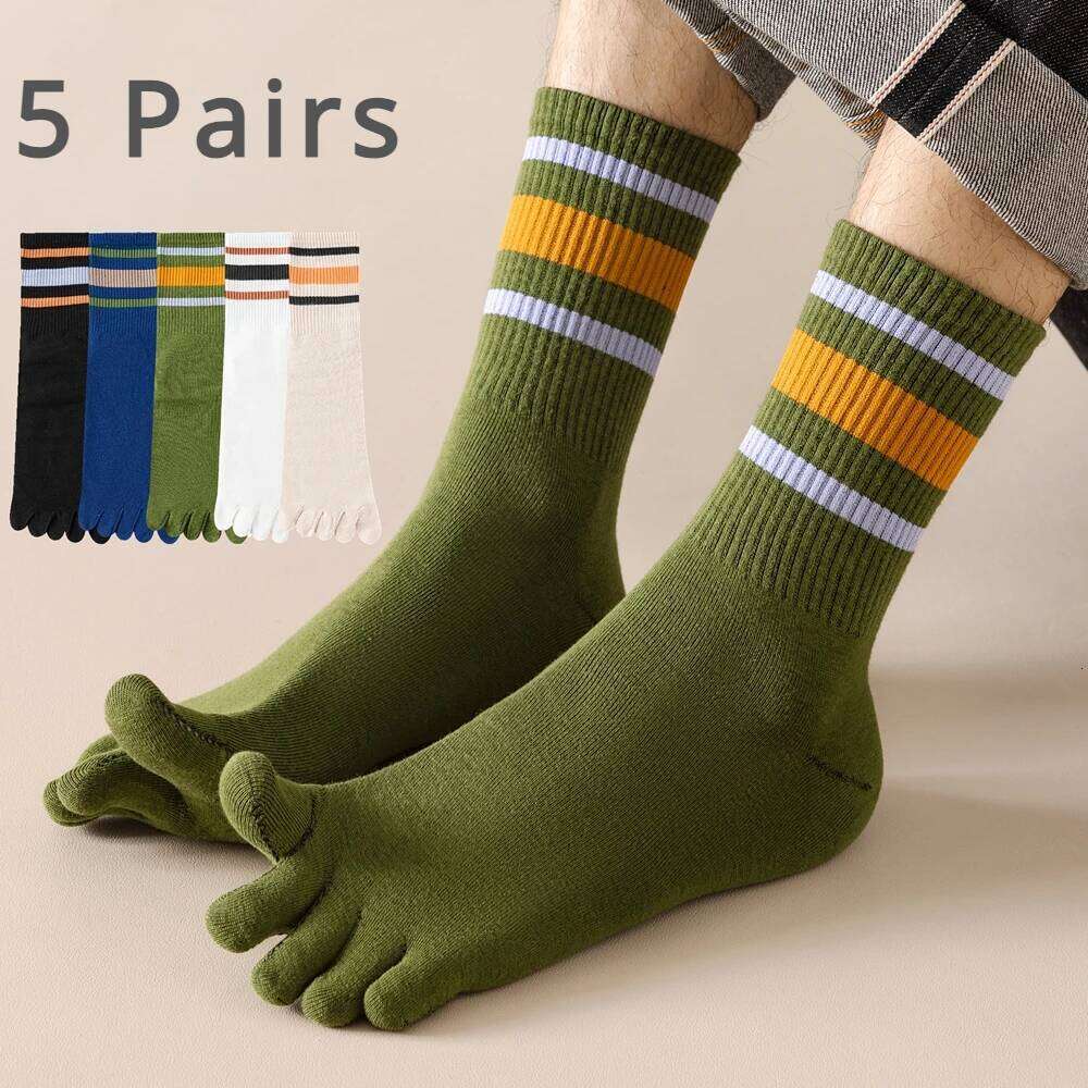 5 Pairs Men Toe with Separate Fingers Mid Tube Five Finger Striped Cotton Sports Socks Summer High Quality Z260314