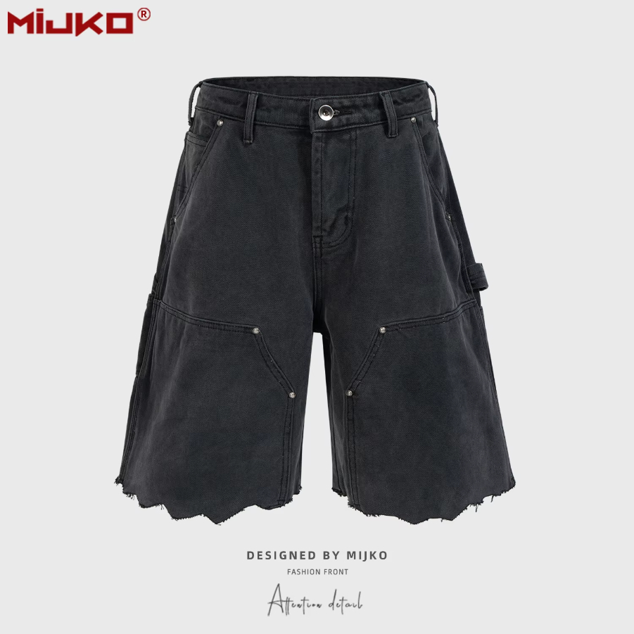 MIJKO Unisex Work Shorts Spring Summer Rivet Pocket Logger Cat Whisker Fuzzy Edge Cuff Trendy for Men And Women TJ174