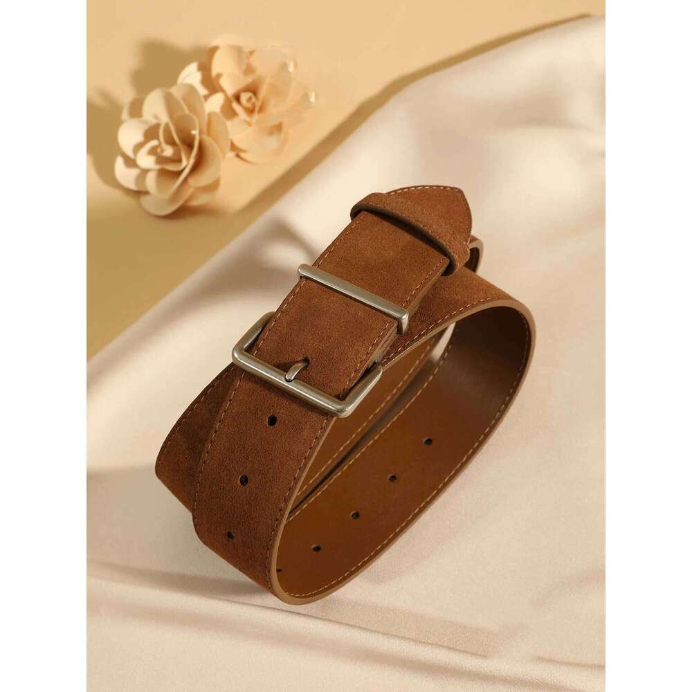 Elegant Women's Suede Leather Belt with Square Silver Buckle Ladies Versatile Girdle for Dresses Sweaters Coats Z260226