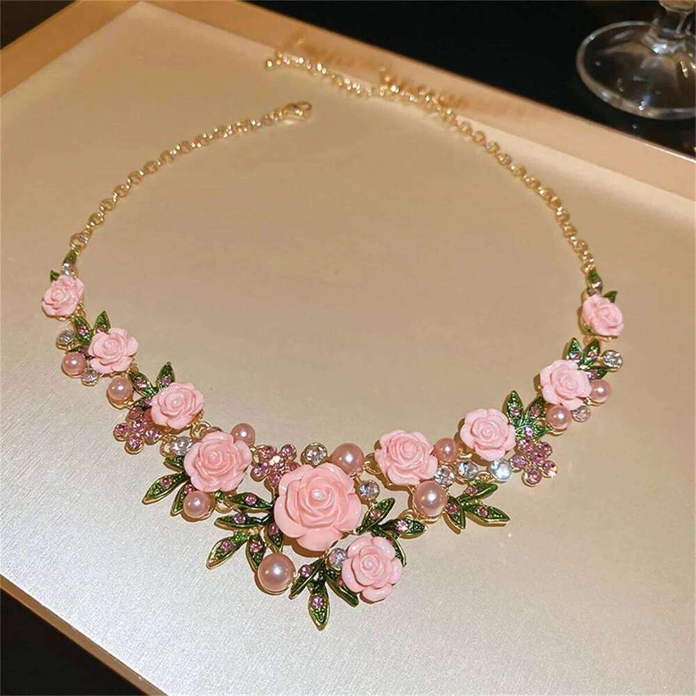 FYUAN Pink Purple Flowers Acrylic Crystal Necklace Earrings For Women Wedding Bride Jewelry Sets Accessories Z260313