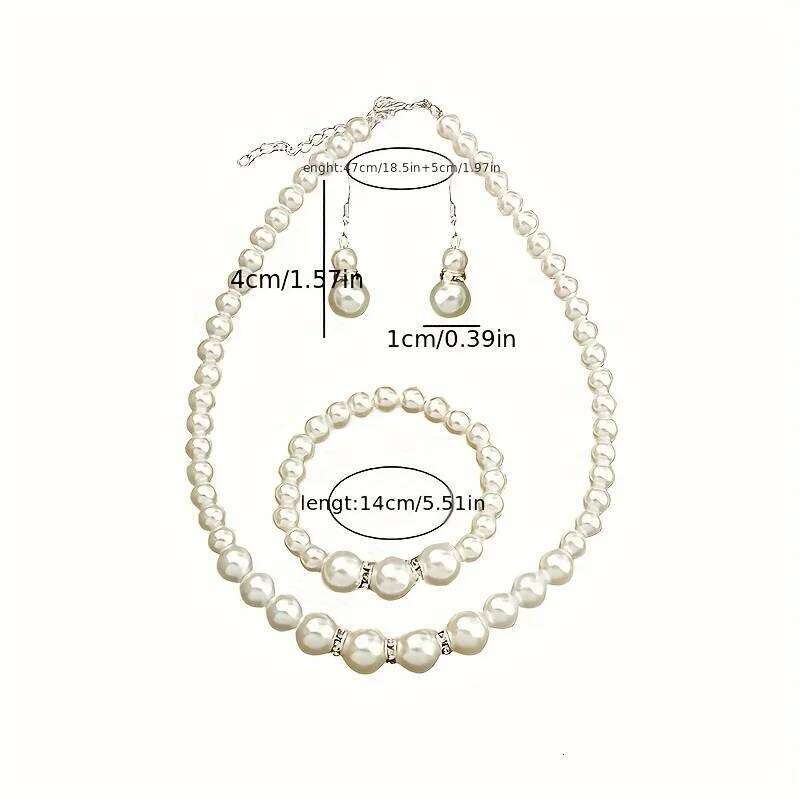 4pcs/Set Faux Pearl Jewelry Set with Necklace Bracelet,Pearl-Shaped Bracelet And Simple Gold-Tone Earrings for Women Z260313