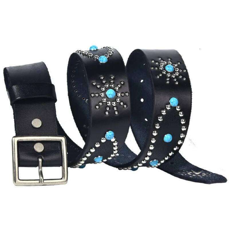 4.5cm Wide Hiphop Style Men's Cowhide Belts,Neutral Genuine Leather imitation Green Pine Inlaid Cool Personality Punk Rivet Belt Z260226