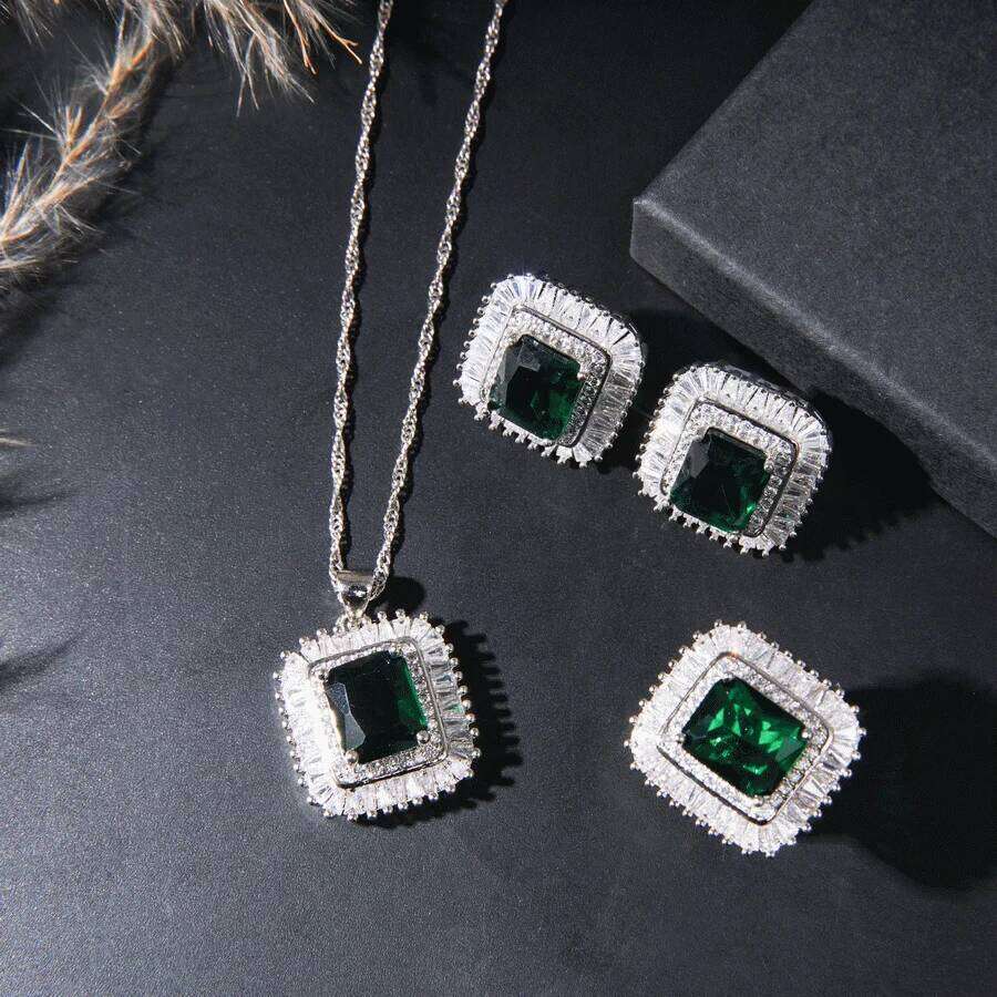 Sparkling For Women Square Cubic Zirconia Jewelry With Ring, Earrings, Pendant, Necklace Set, Bridal Bridesmaid Wedding Gif Z260313