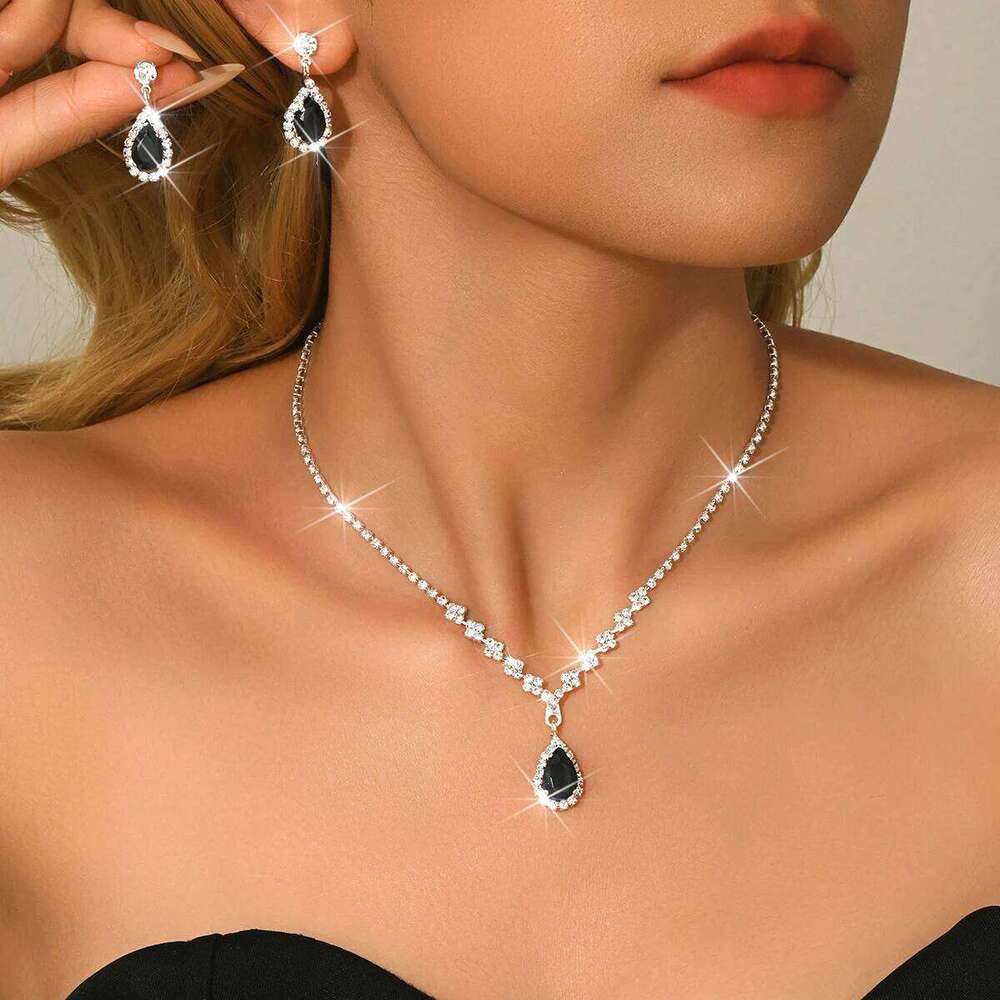 Glamorous Evening Jewelry Set Black Waterdrop Zircon Necklace Earrings Ring Bracelet Bridal Party Shiny Accessories Z260313