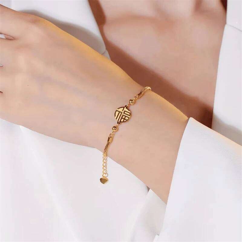 Gold Plated Fortune Character Bracelet For Women Luxury Stainless Steel New Year Versatile Bracelets Good Luck Wealth Jewelry Z260313